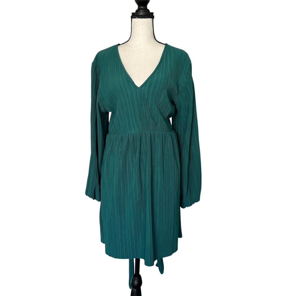 Zara Pleated Knotted Mini Dress Teal Green Long Sleeve Size M
